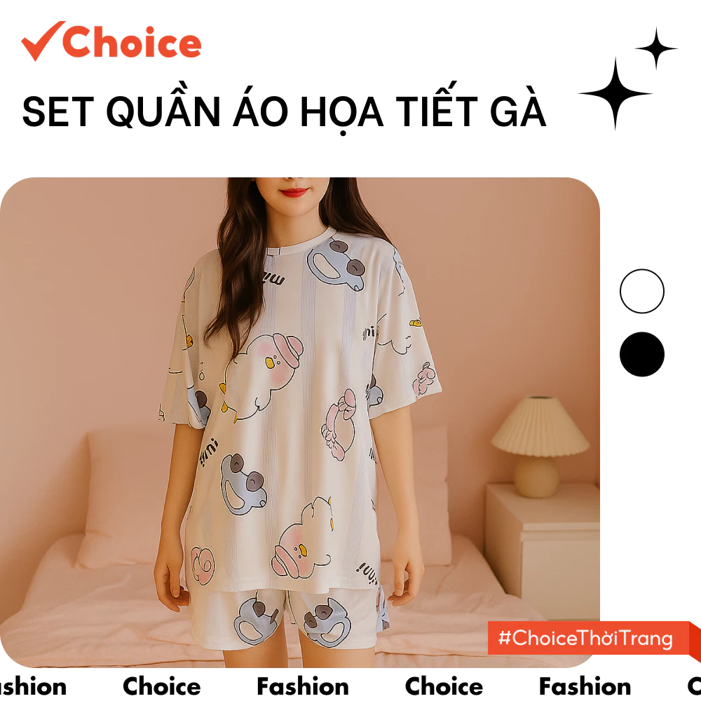 [Choice] Set Bộ Quần Áo HT54 Họa Tiết Gà Con Dáng Rộng, Quần Đùi, Vải Mát, Dễ Chịu
