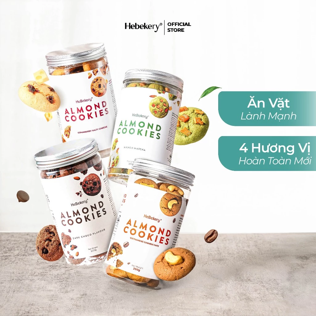 [Combo 4 Hũ] Cookies Hạnh Nhân Nguyên Cám 4 Vị Choco, Matcha, Cranberry, Cafe - Cookie Ăn Vặt Chuẩn Healthy HeBekery