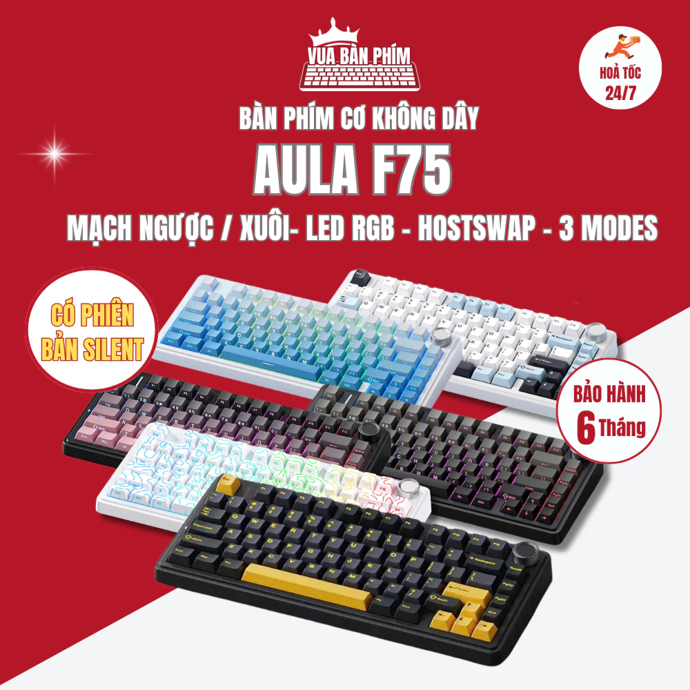 [HÀNG SẴN] Bàn phím cơ aula f75 3 mode, led rgb, gasket mount, hotswap, key cap pbt double shot, full foam