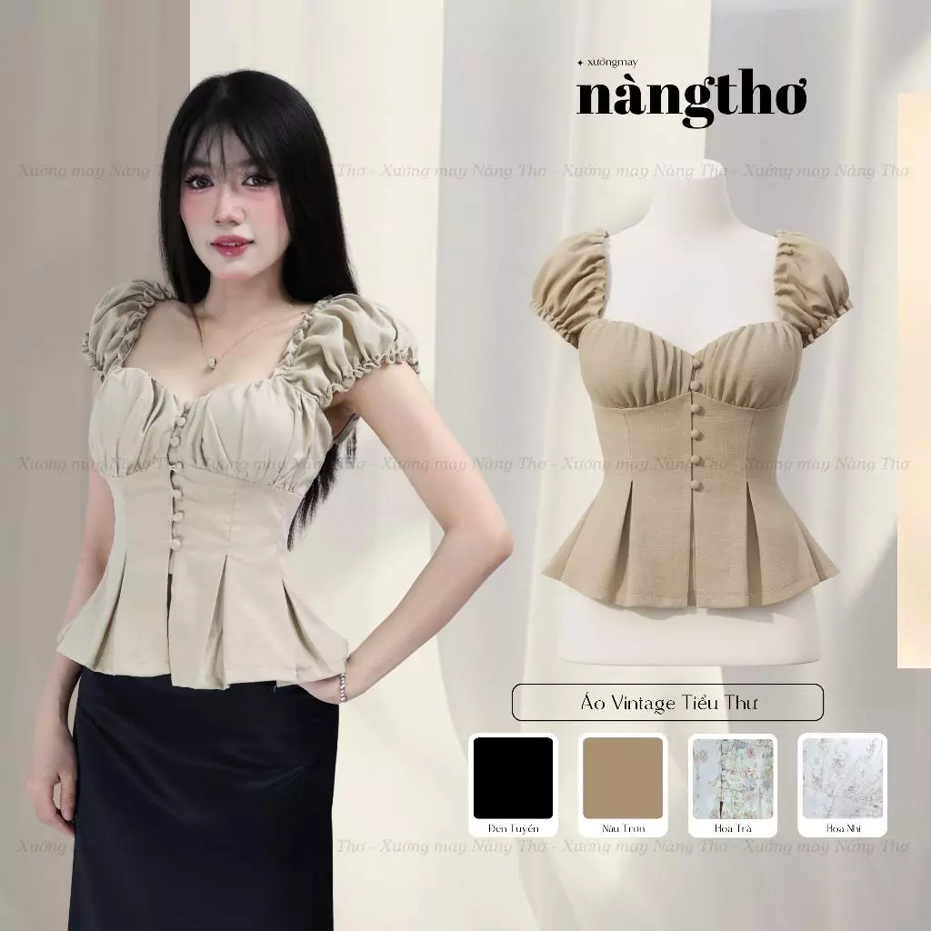1103 [Có Mút] Áo Kiểu Tiểu Thư Cúp Ngực Chiết Eo Tay Phồng Chất Đũi Linen