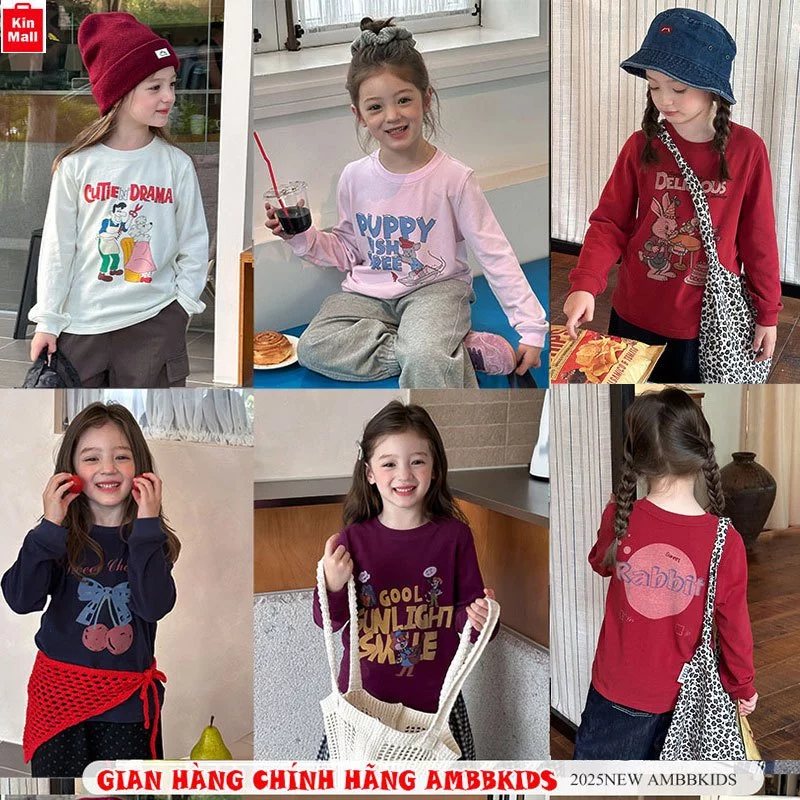 𝐍𝐞𝐰 (10-50kg) Áo Thun Dài Tay mùa Thu Form To chất cotton mềm mịn, in hình dễ thương cho bé Gái- chính hãng AMBBKIDS