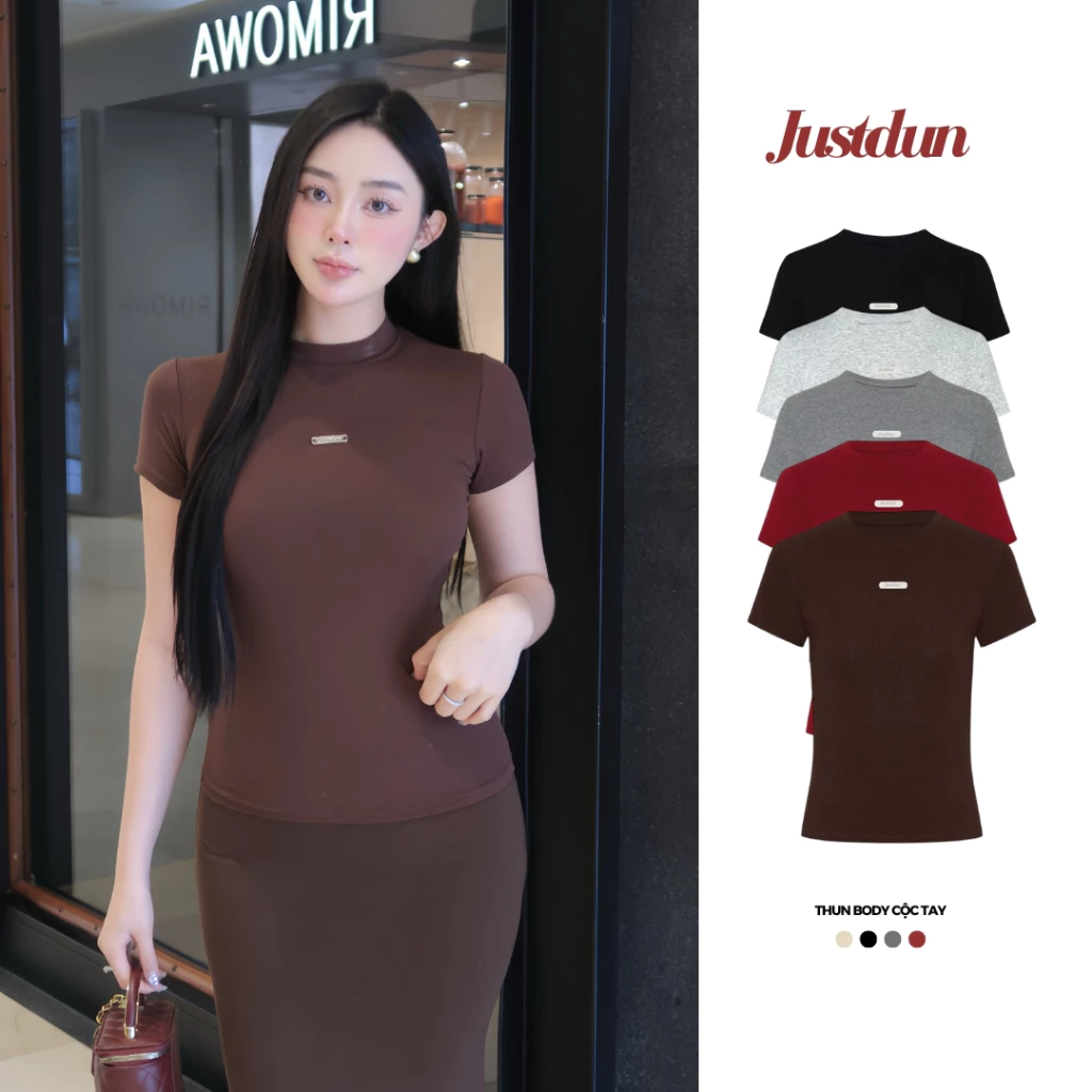 Áo thun đính logo JUSTDUN form ôm body cotton mịn thoáng mát Z50