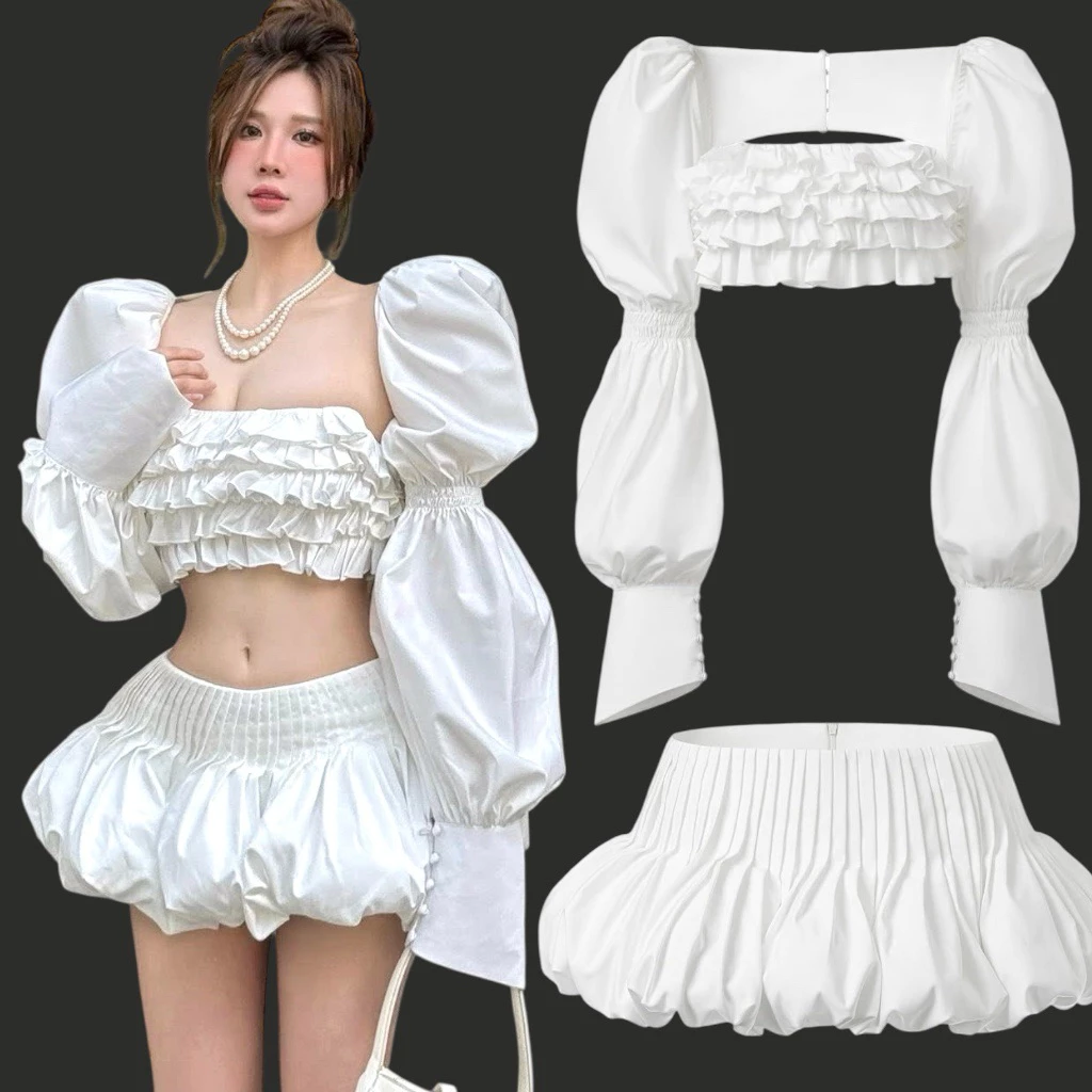 587 - Set 3 Món Áo Croptop Tay Bồng + Chân Váy Xếp Ly Xoè