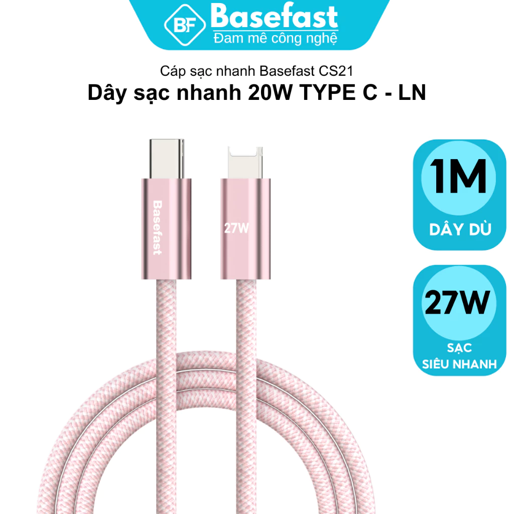 Dây sạc nhanh 20W Basefast cáp bọc dù dài 1M siêu bền cho Phone xr xs max 11 12 13 14PRM