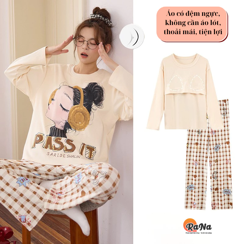 Bộ dài tay thu đông Rana Có Đệm Ngực vải mềm có giãn nhẹ phù hợp bạn nữ không thích mặc bra khi ở nhà