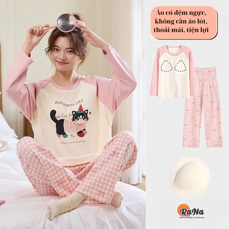 Đồ bộ mặc nhà có may sẵn mút ngực bộ đồ ngủ dài tay cotton thấm hút có giãn có thể mặc đi ra ngoài RaNa