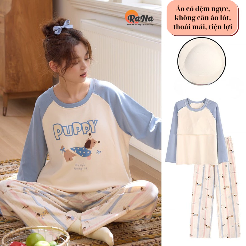 Pijama Nữ Dài Tay Với Đệm Ngực RaNa Tự Tin Di Chuyển Mà Không Cần Áo Ngực