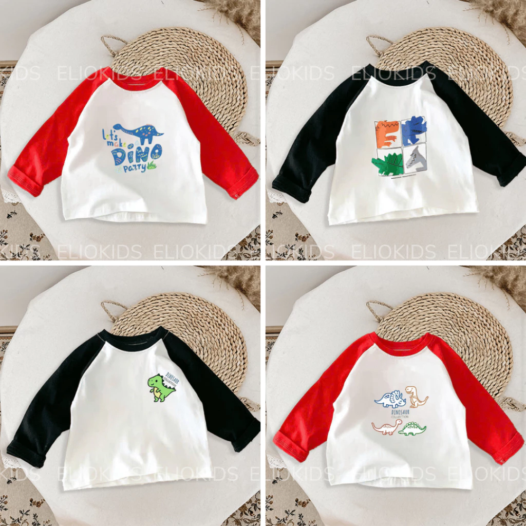 Áo thun tay dài bé trai Khủng long ELIOKIDS , áo dài tay bé trai khủng long chất cotton đi học từ 7kg-32kg