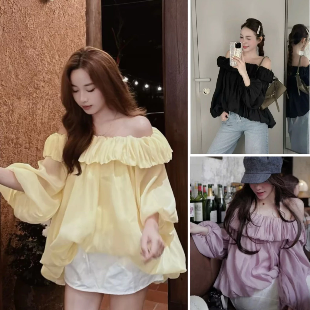 [ HÀNG SẴN] Áo trễ vai bí nhún bèo tay bồng chất voan tơ 2 lớp ADORA TOP A3249