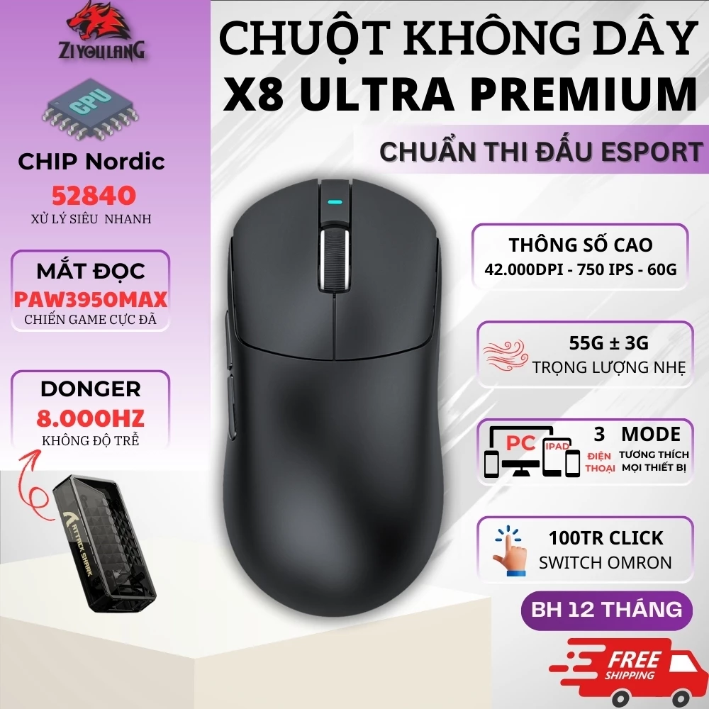 Chuột Gaming Attack Shark X8 Ultra Wireless 8KHz - PAW3950MAX, Switch Omron 100M, DPI 42K, App