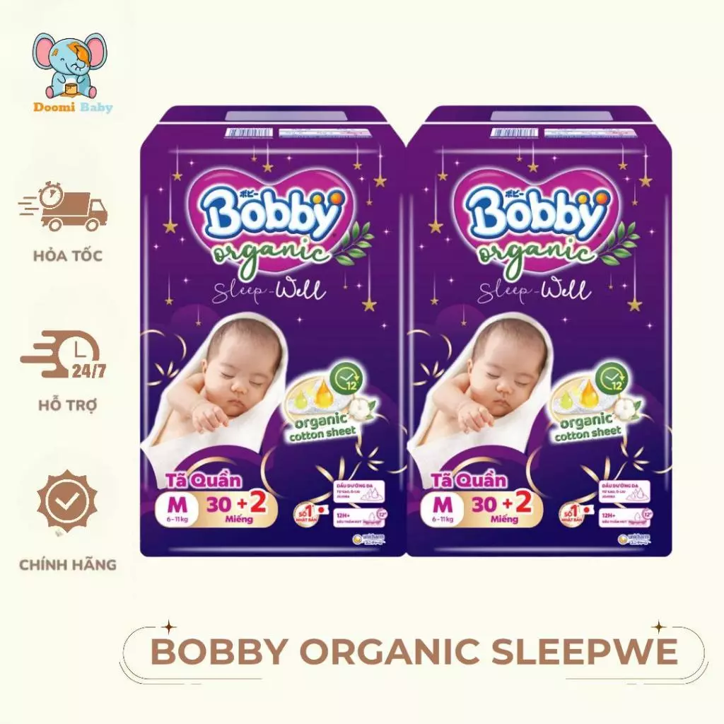 [Thùng 4 Bịch] Bỉm Quần Bobby Organic Sleepwell Ban Đêm Khô Thoáng Dịu Nhẹ Đủ Size - BO006
