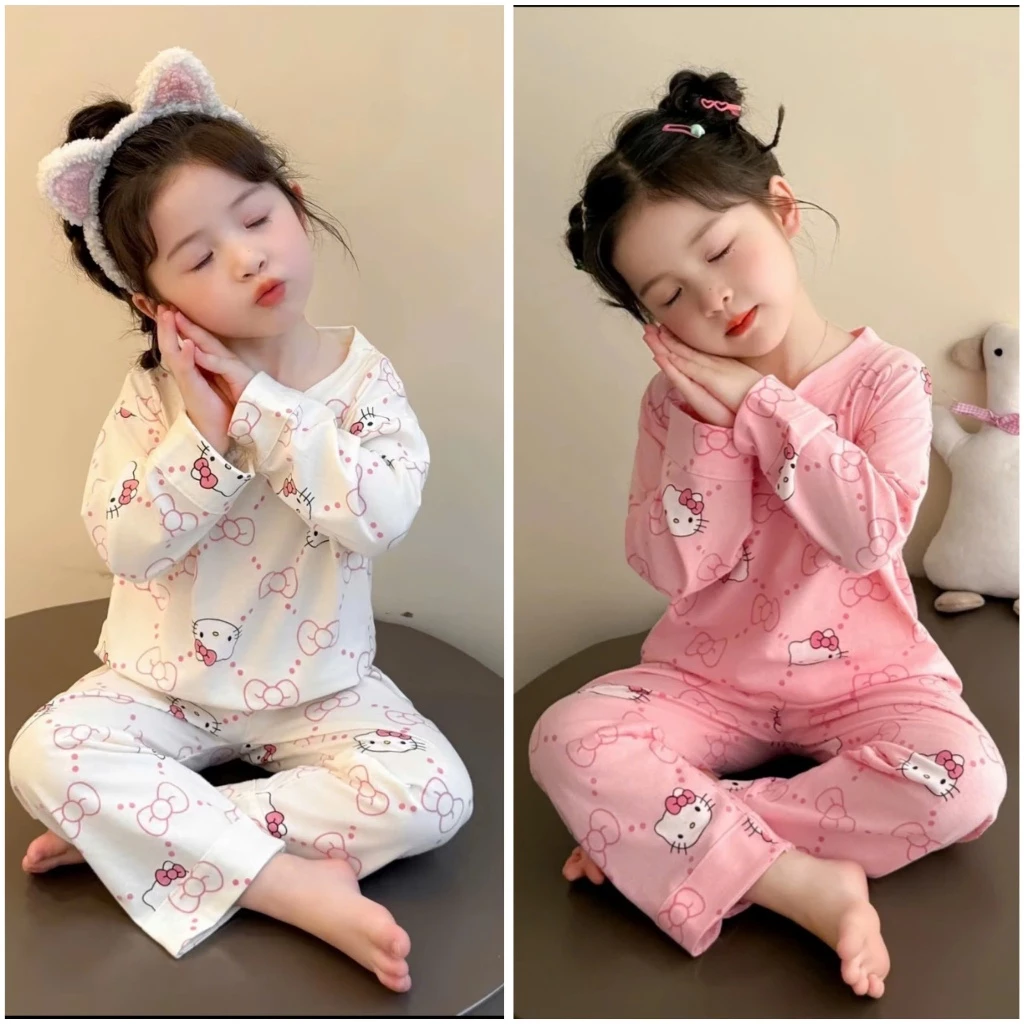 Sét Bộ Đồ Ngủ Dài Tay Thu Đông In Hình Helo Kitty  Dành Cho Bé Gái 9-35kg Chất Liệu Cotton Thun Lạnh