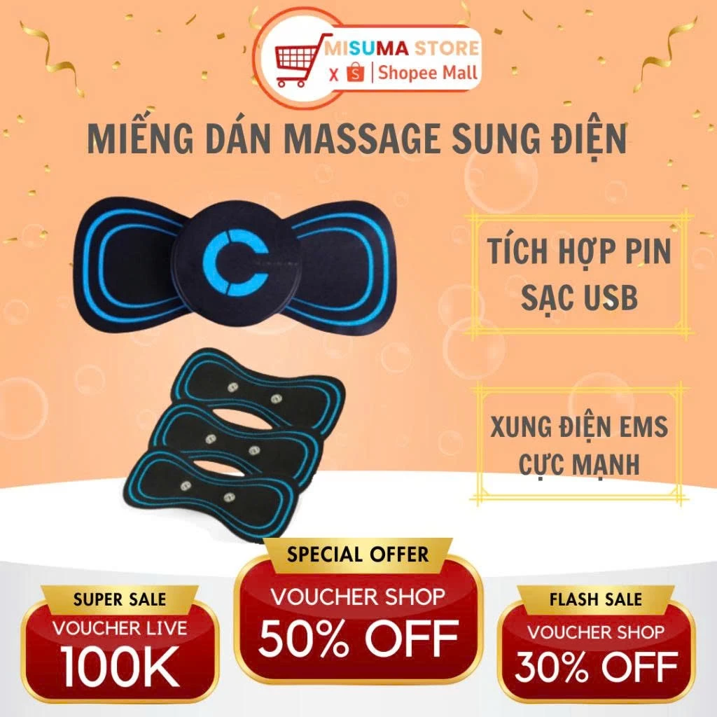 Bộ Dán Massage Xung Điện EMS Có Sạc USB Giảm Nhức Mỏi Cổ Vai Gáy, Bắp Tay, Lưng Hiệu Quả, Thư Giãn Cơ