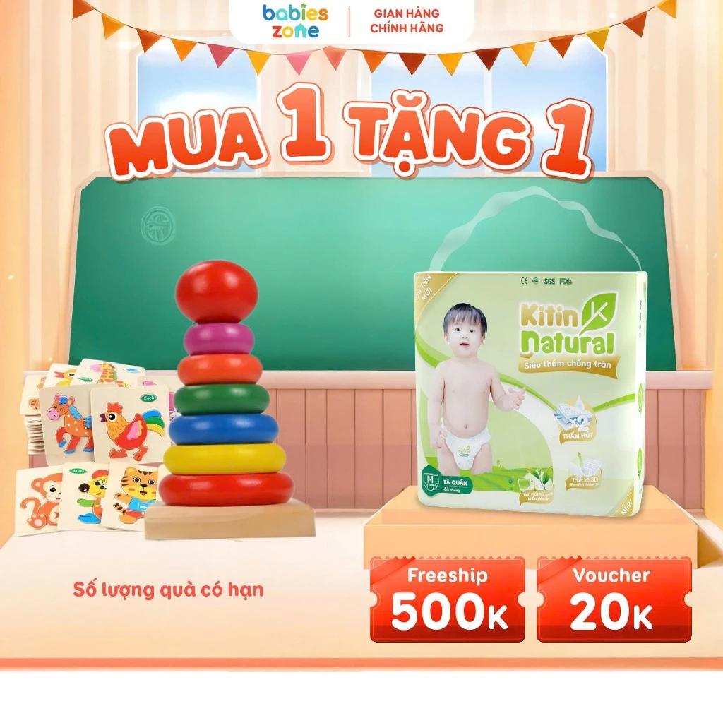 [MUA 1 TẶNG 1] Tã/Bỉm quần Kitin Natural size M44/L40/XL38/XXL36/XXXL34 Mỏng thoáng, kháng khuẩn