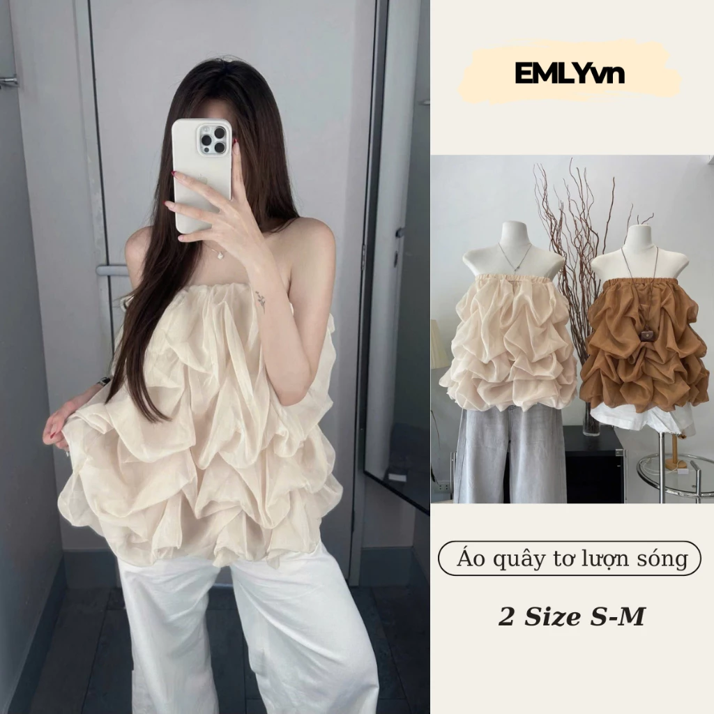 EMLY - Áo Quây Tơ Nữ Lượn Sóng Bồng Bềnh Sang Chảnh, Áo Quây Kiểu Xếp Tầng Hàn Quốc