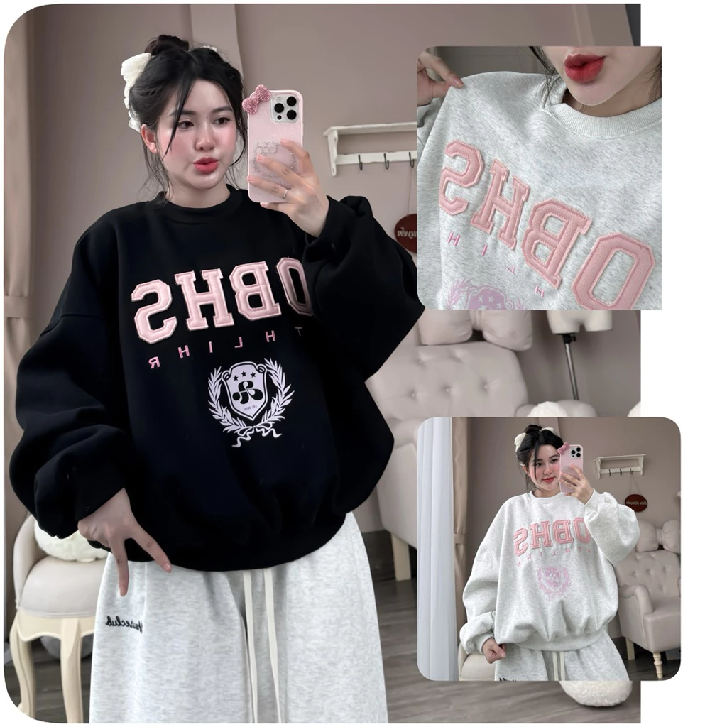 [DEAL MỞ BÁN] Áo Nỉ Đôi Sweater Nam, Nữ Form Rộng Chất Nỉ Tàu Dày Thêu Chữ OBHS Phong Cách Hàn Quốc