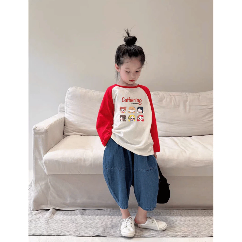 Áo thun tay dài bé gái chất cotton phối màu ELIOKIDS, Áo dài tay bé gái phối màu mặc thu, đông.