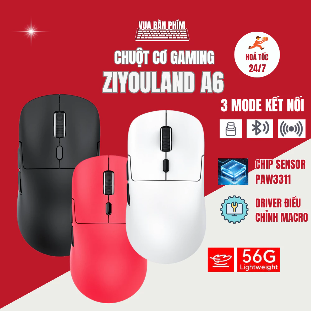Chuột máy tính gaming Ziyou FreeWolf A6 bluetooth, nhẹ 59 gram ,24000 dpi, chip sensor Paw3311, có app điều chỉnh