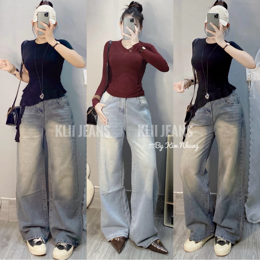 KLii🌷Quần suông jeans ống rộng bụi cá tính wash màu đẹp