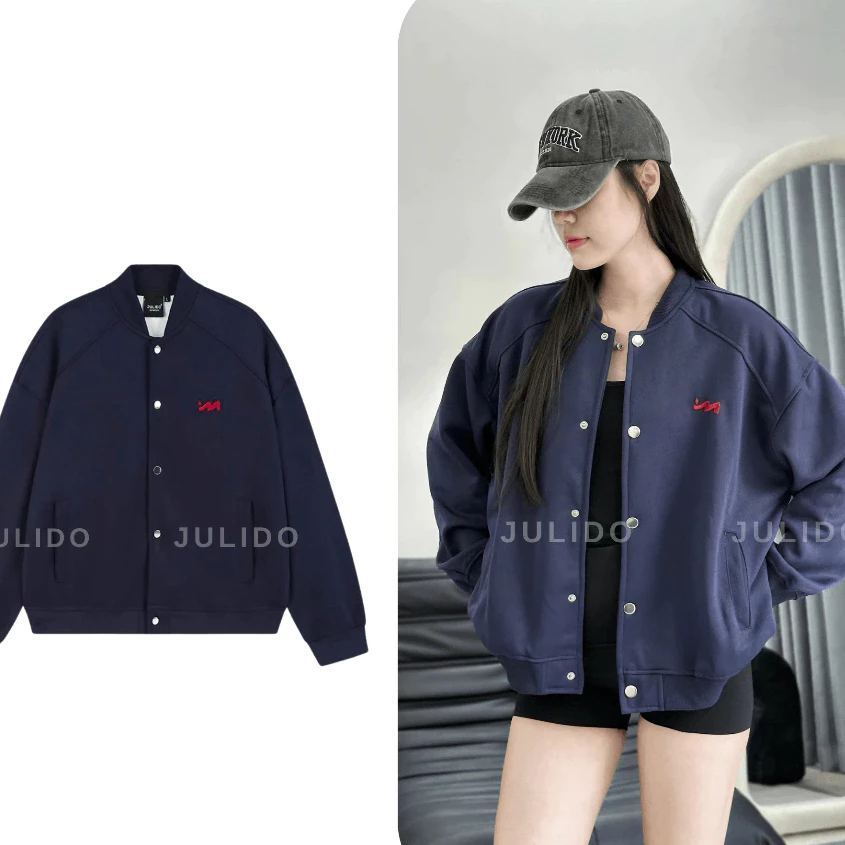 Áo khoác BOMBER nỉ 2 da ,áo khoác nỉ cúc bấm  logo M thêu nổi dày dặn