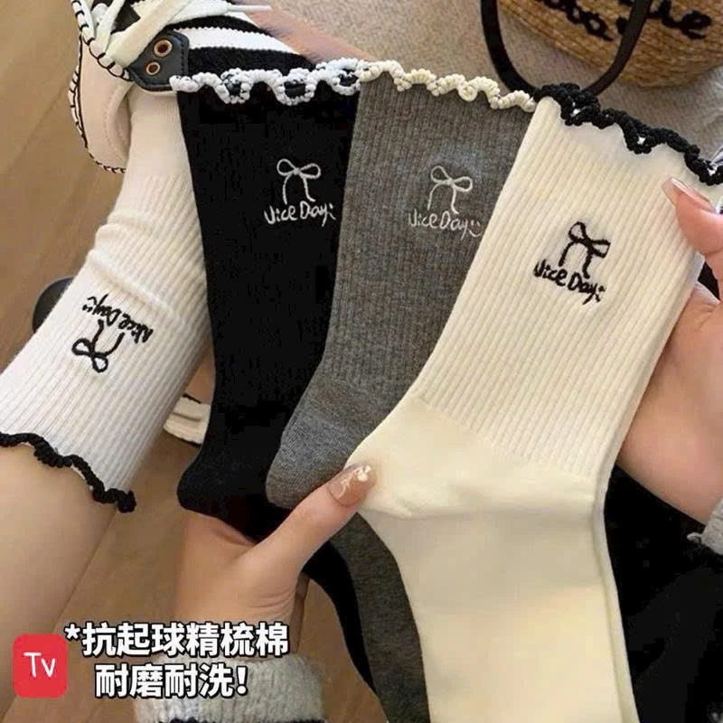Set 10 đôi tất cổ cao họa tiết nơ bánh bèo cho nữ chất liệu cotton nhiều màu