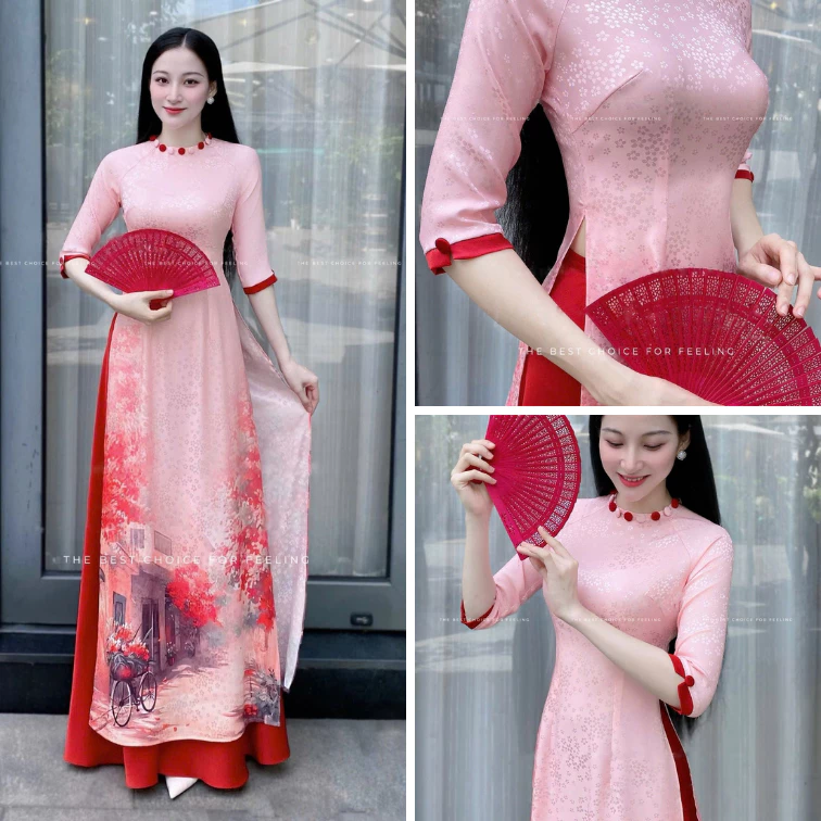 Set Áo Dài Lụa Gấm In 8D Hoa Hồng Và Phố Cổ Thiết Kế Cổ Tròn Đính Cúc, Áo Dài Nữ Đẹp