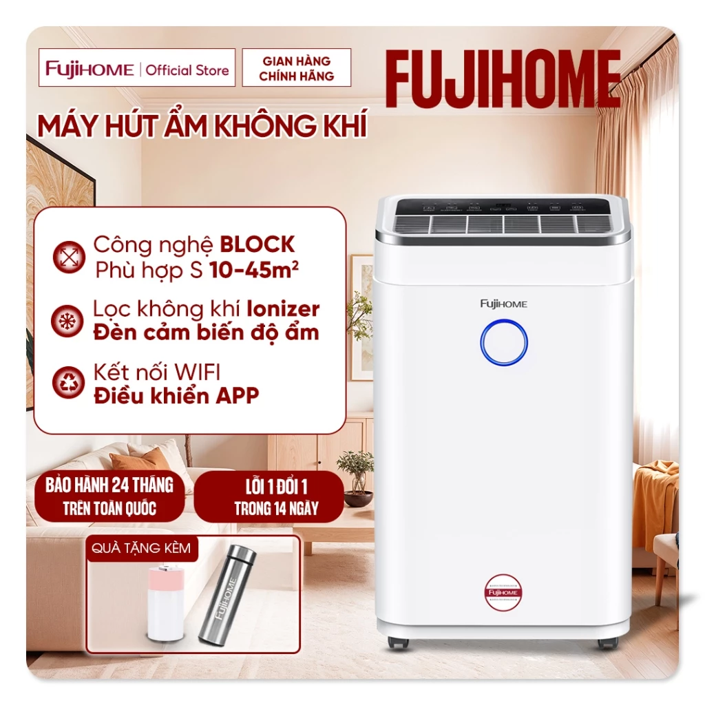 Máy hút ẩm 25L/ngày lọc không khí 50m2 Fujihome nhập khẩu kết nối Wifi, máy hút ẩm bằng máy nén Block phòng ngủ đa năng