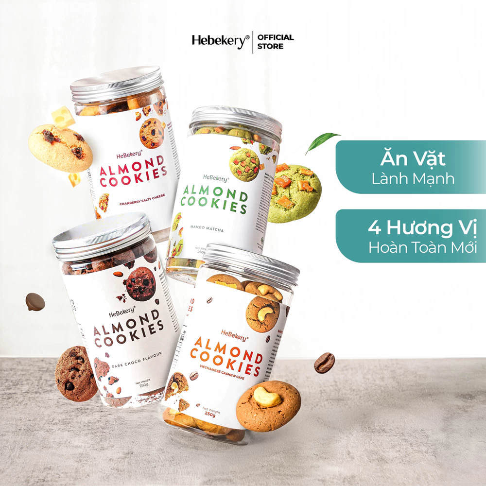 Cookies Hạnh Nhân Nguyên Cám 4 Vị - Dark Choco, Mango Matcha, Cranberry Cheese, Cashew Cafe - Cookie Ăn Vặt Chuẩn Health