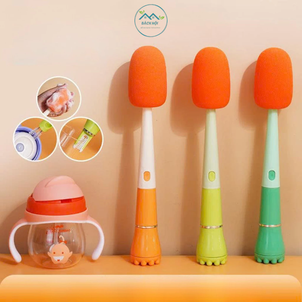 Bộ Cọ Rửa Bình Sữa, Chai Lọ, Ly Cốc 3 Trong 1 Đa Năng, Cọ Rửa Kèm Mút Tạo Bọt Làm Sạch Hiệu Quả