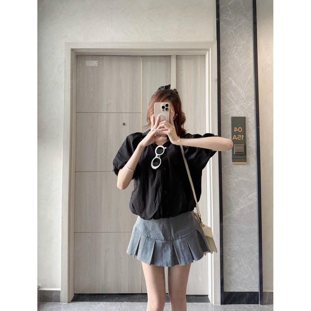 ( Ảnh thật tự chụp ) Áo sơ mi CỔ ĐỨC tay bồng, áo sơ mi nữ cộc tay đánh bồng eo dáng bí By Chun