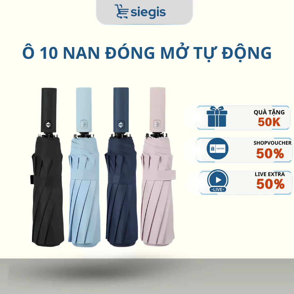 Ô UV Che Mưa Nắng SIEGIS Gấp Gọn - Ô Mở Tự Động Họa Tiết Trơn Chống Tia UV Cao Cấp