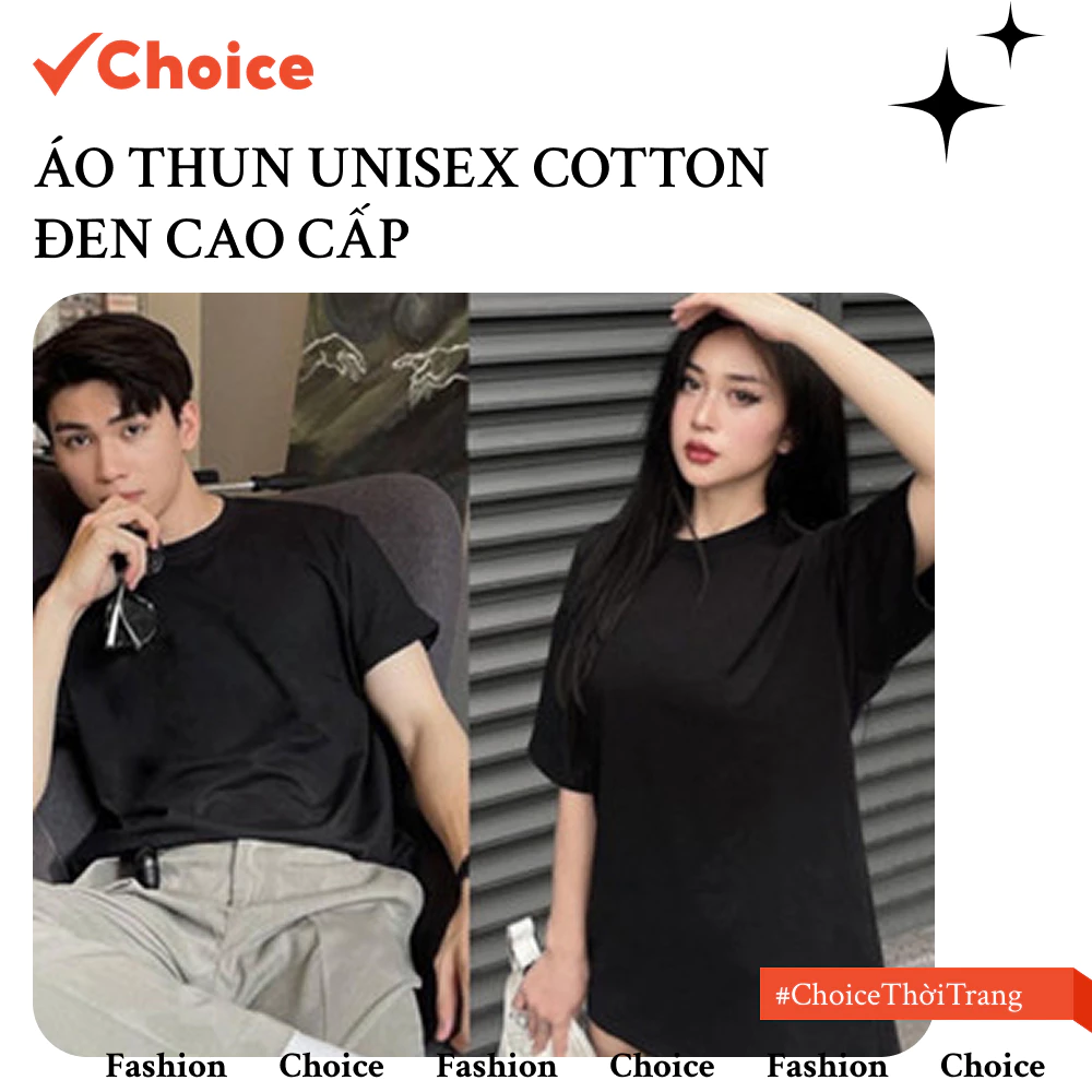 Áo Thun Unisex Cotton Đen Cao Cấp Choice FS1-2213-1943 Cho Người 43-53kg, Cao 1m55-1m65