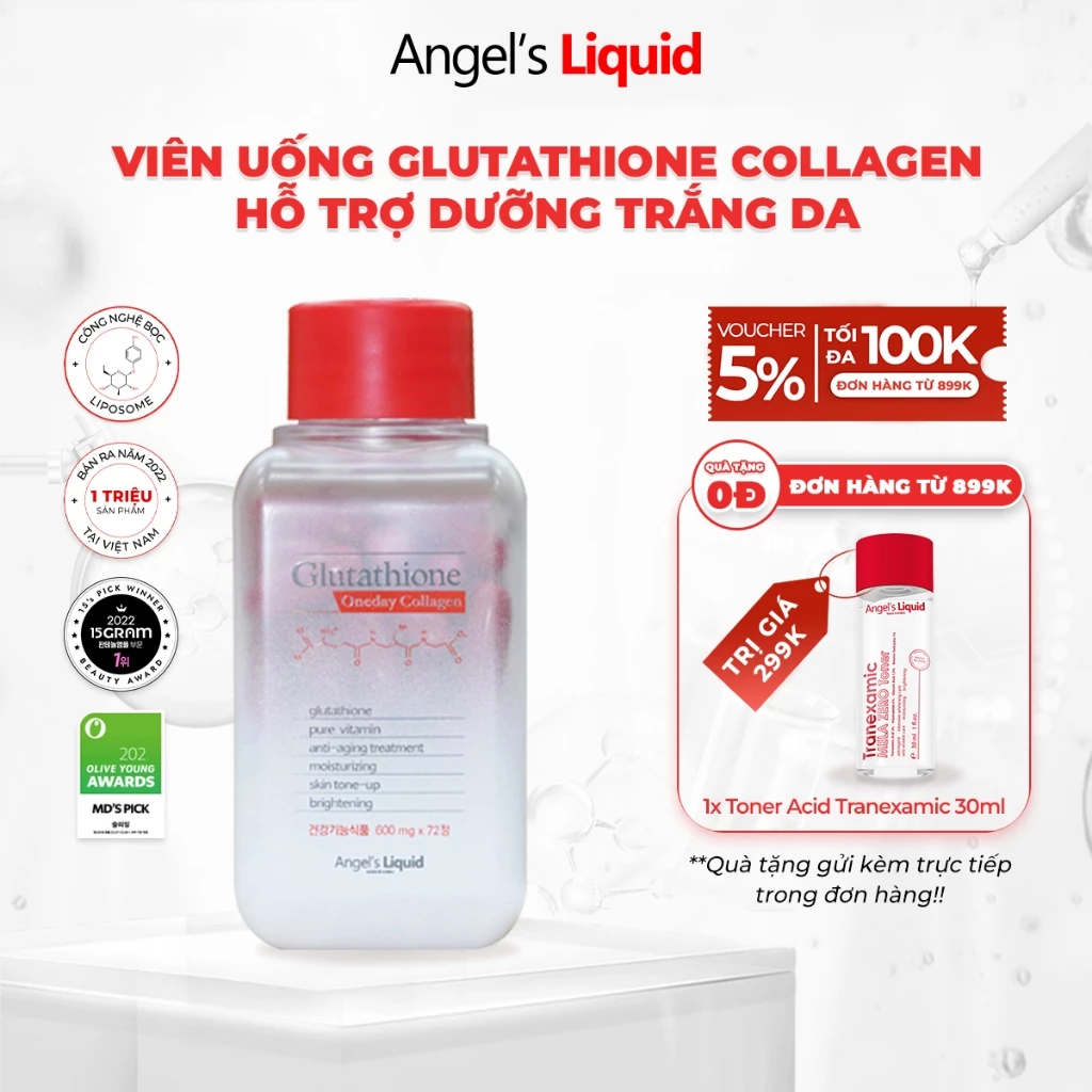 Viên Uống Glutathione Angel's Liquid Trắng Da, Giúp Chống Lão Hoá Oneday Collagen 600mg 72v