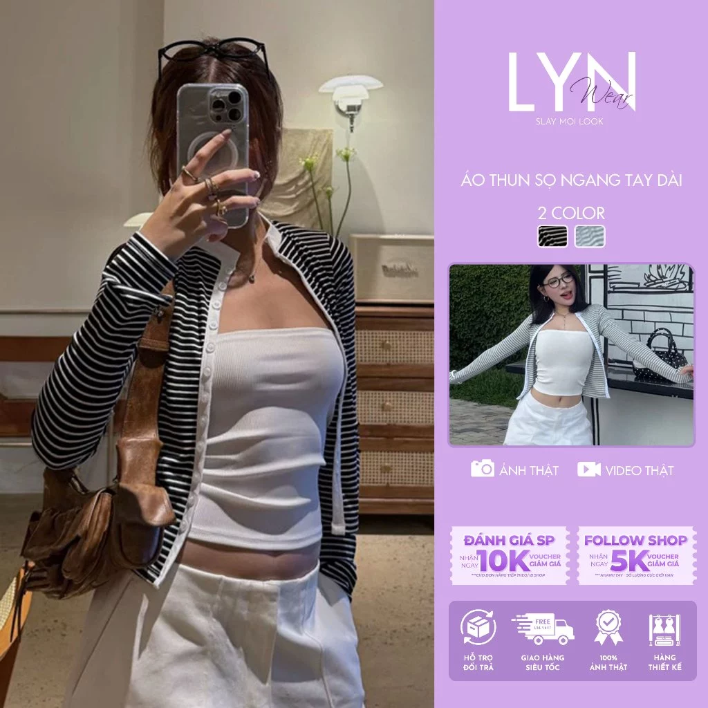 | LYN WEAR | Áo Thun sọc ngang Tay Dài Cổ Cao Form Gọn Cardigan Nút Cài - Co Giãn 4 Chiều