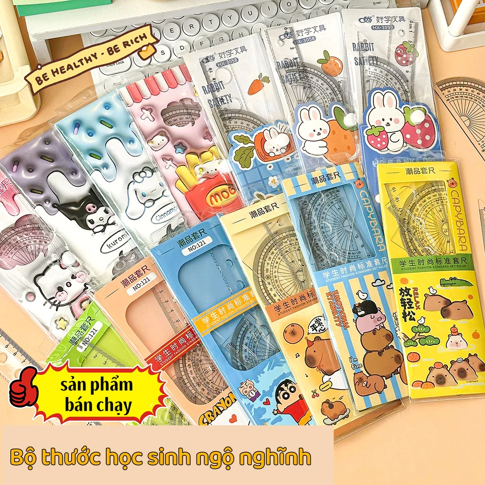 Bộ Thước Kẻ Đa Năng Hình Thú Ngộ Nghĩnh - Full Set [Thước Đo Góc, Thước 20cm, Thước Tam Giác]