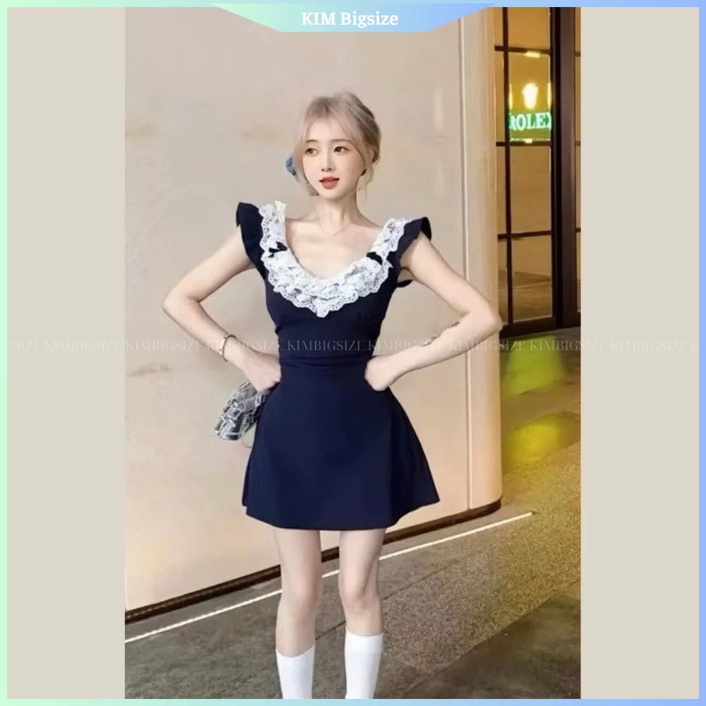 Đầm bigsize nữ cổ phối ren tay cánh tiên ép keo đứng form không kèm mút bigsize hack dáng(55-85kg)[KIMBIGSIZE]