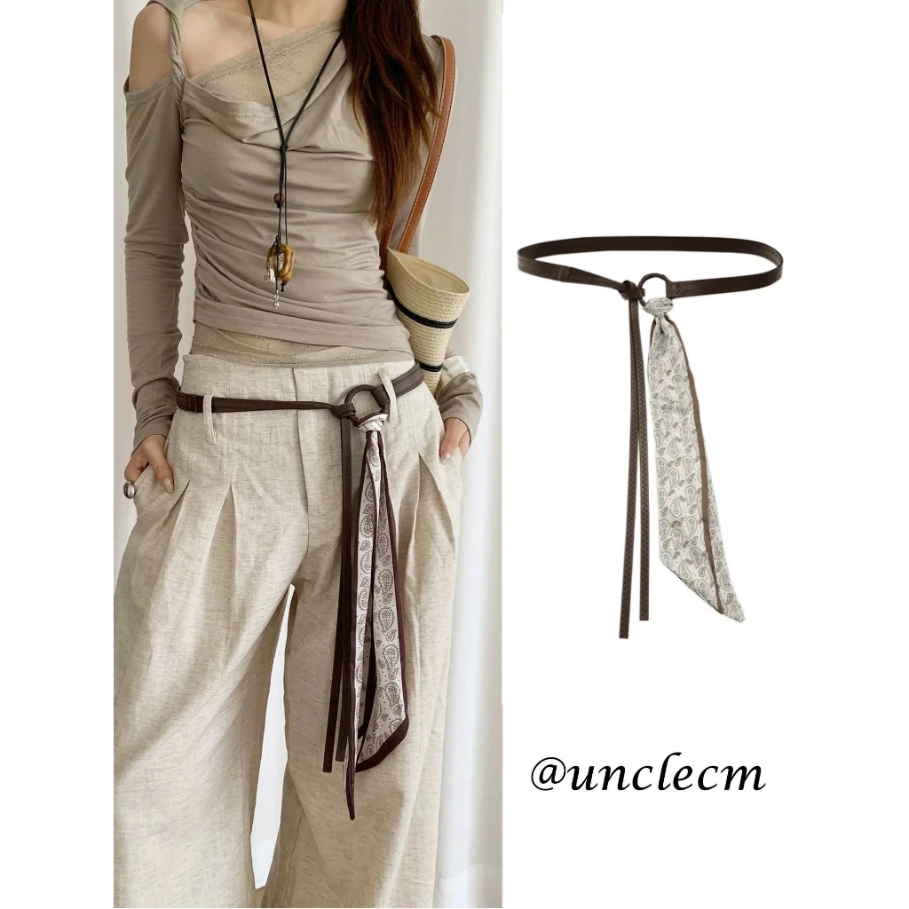 Thắt lưng da đỏ đen nâu kèm khăn lụa retro cao cấp phong cách bohemian phối váy/ quần jeans cá tính