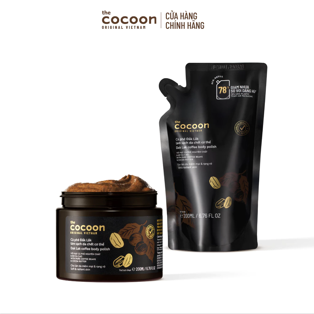 [MUA 2 GIẢM 41%] Combo 1 Hũ Tẩy Da Chết Cơ Thể Cà Phê Đắk Lắk Cocoon 200ml + Túi Refill Tẩy Da Chết Cà Phê 200ml
