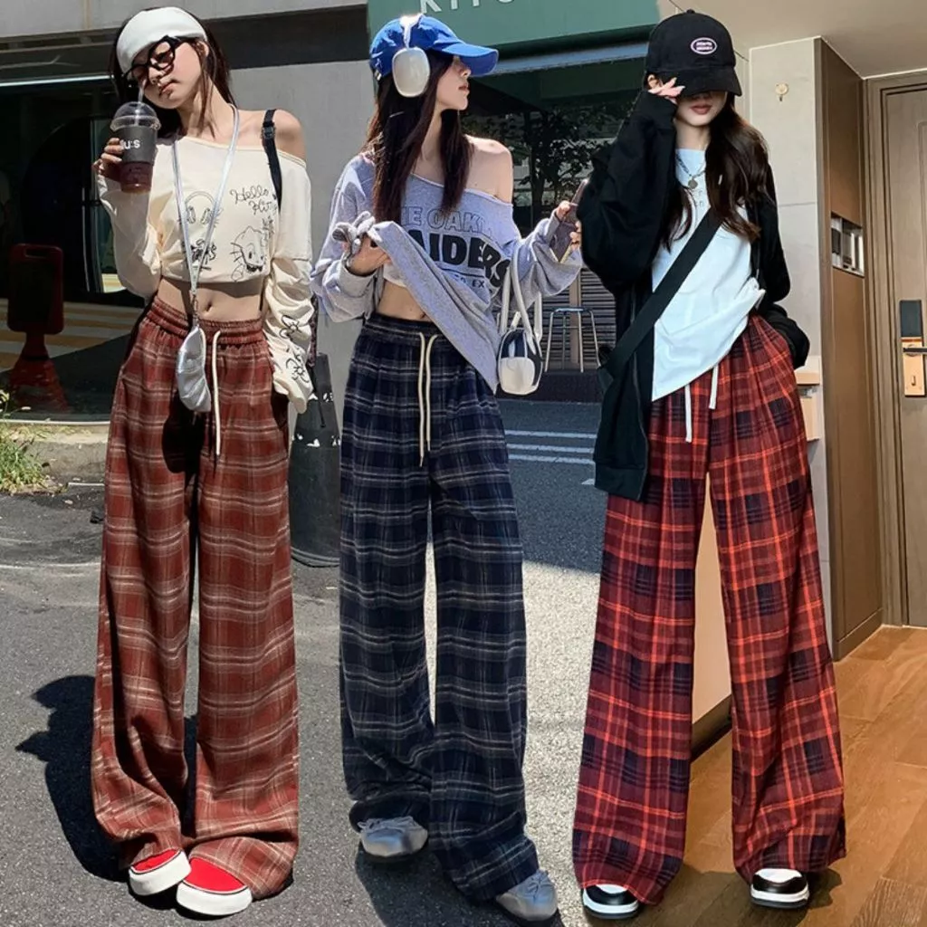 Quần kẻ sọc MIAA ống suông Rộng Nữ kẻ Caro CẠP CHUN DỄ ĐIỀU CHỈNH EO Vải Dầy Dặn bigsize