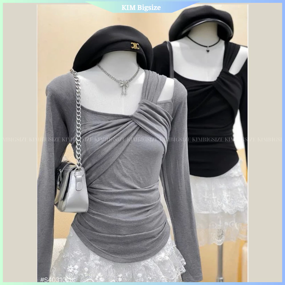 Áo thun nữ bigsize cổ vuông xoắn ngực nhún eo chất vải borip cotton che bụng mỡ(55-90kg)[Kimbigsize]