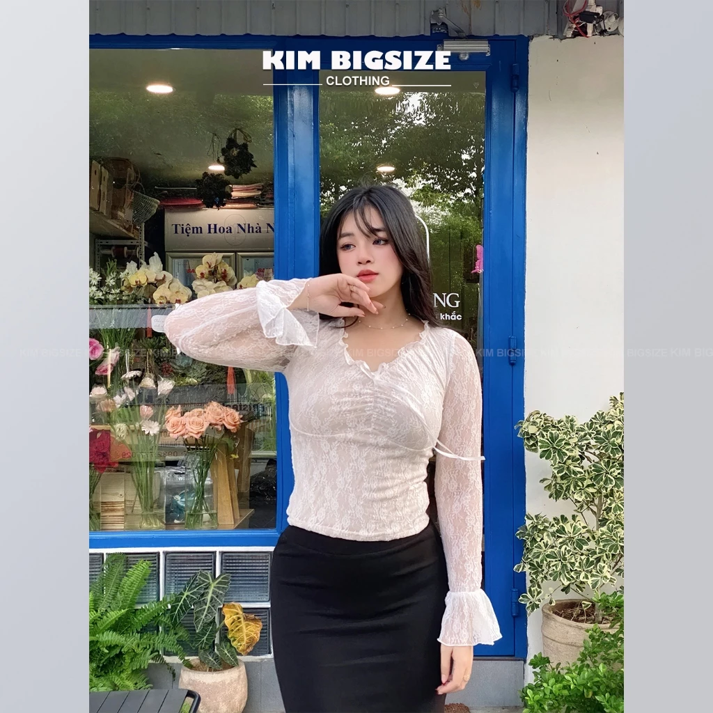 Áo kiểu bigsize lưới thêu loe nhỏ cổ V (55-85kg)[KimBigsize]