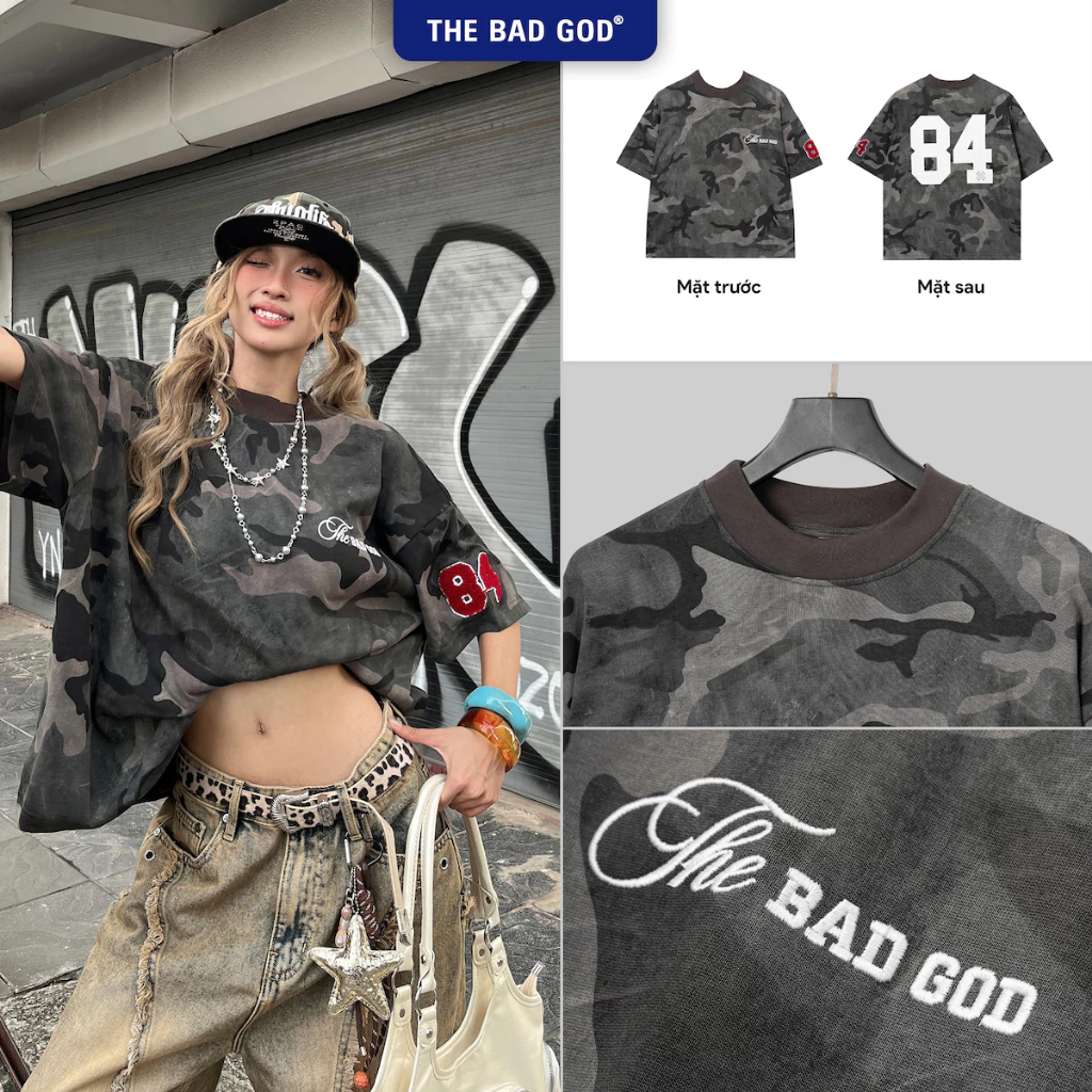 Áo Thun Cotton Nam Nữ The Bad God Divine Camo Form Boxy Logo Thêu Xù Unisex