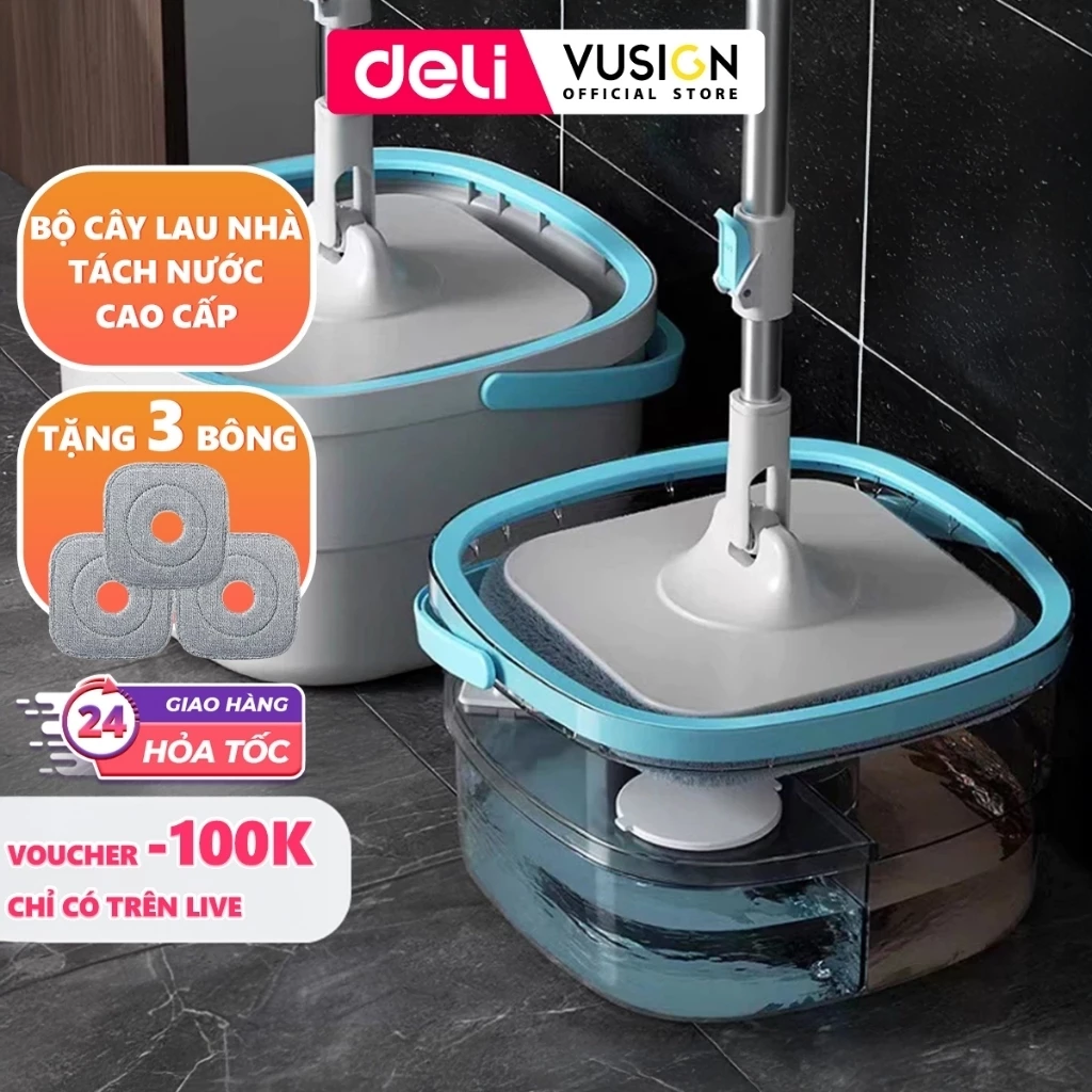 [TẶNG 3 BÔNG LAU] Bộ Cây Lau Nhà Tách Nước Bẩn Thông Minh Deli, Chổi Lau Nhà Xoay 360 độ 2 Ngăn Kèm Bông Lau