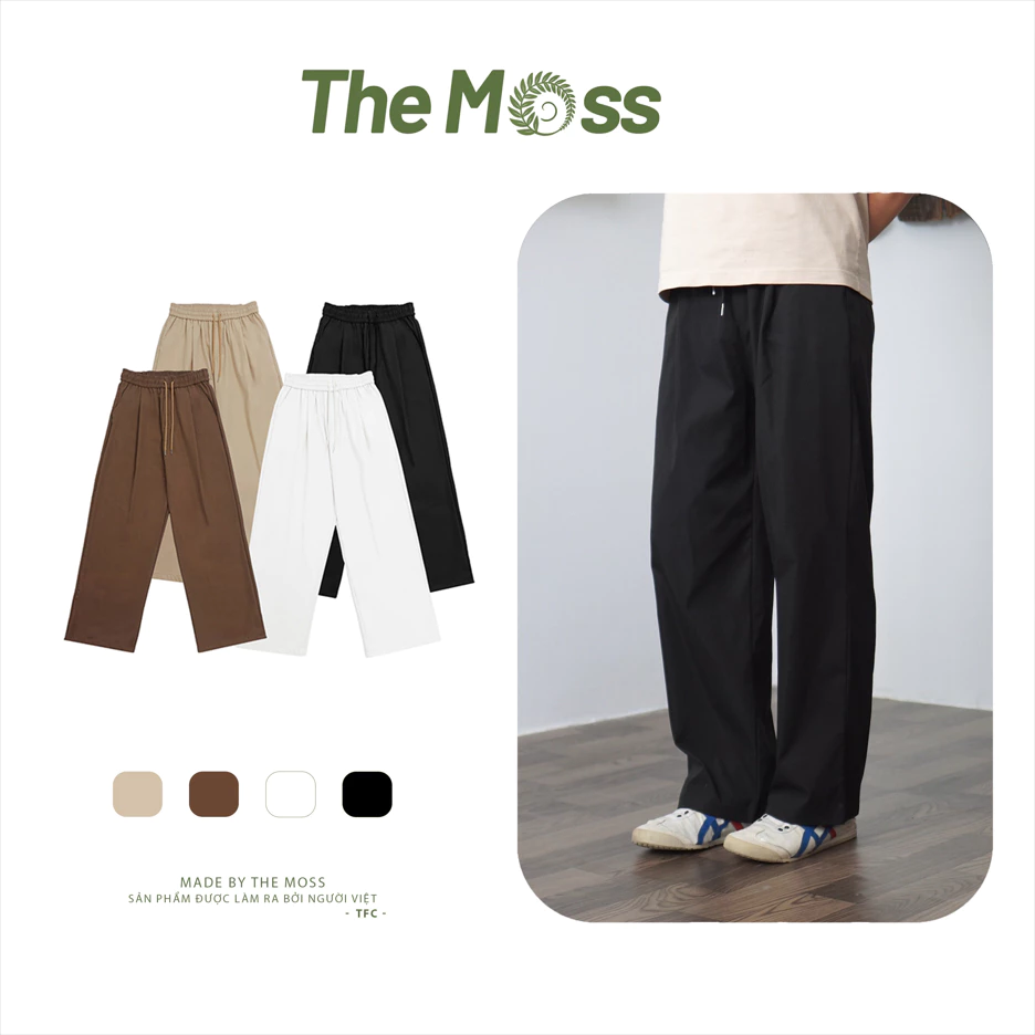 The Moss - Quần Dài Kaki Dù Ống Suông Rộng Vải Kaki 2 Da Mềm Mịn Cạp Chun Dây Rút Rộng Rãi Thoải Mái