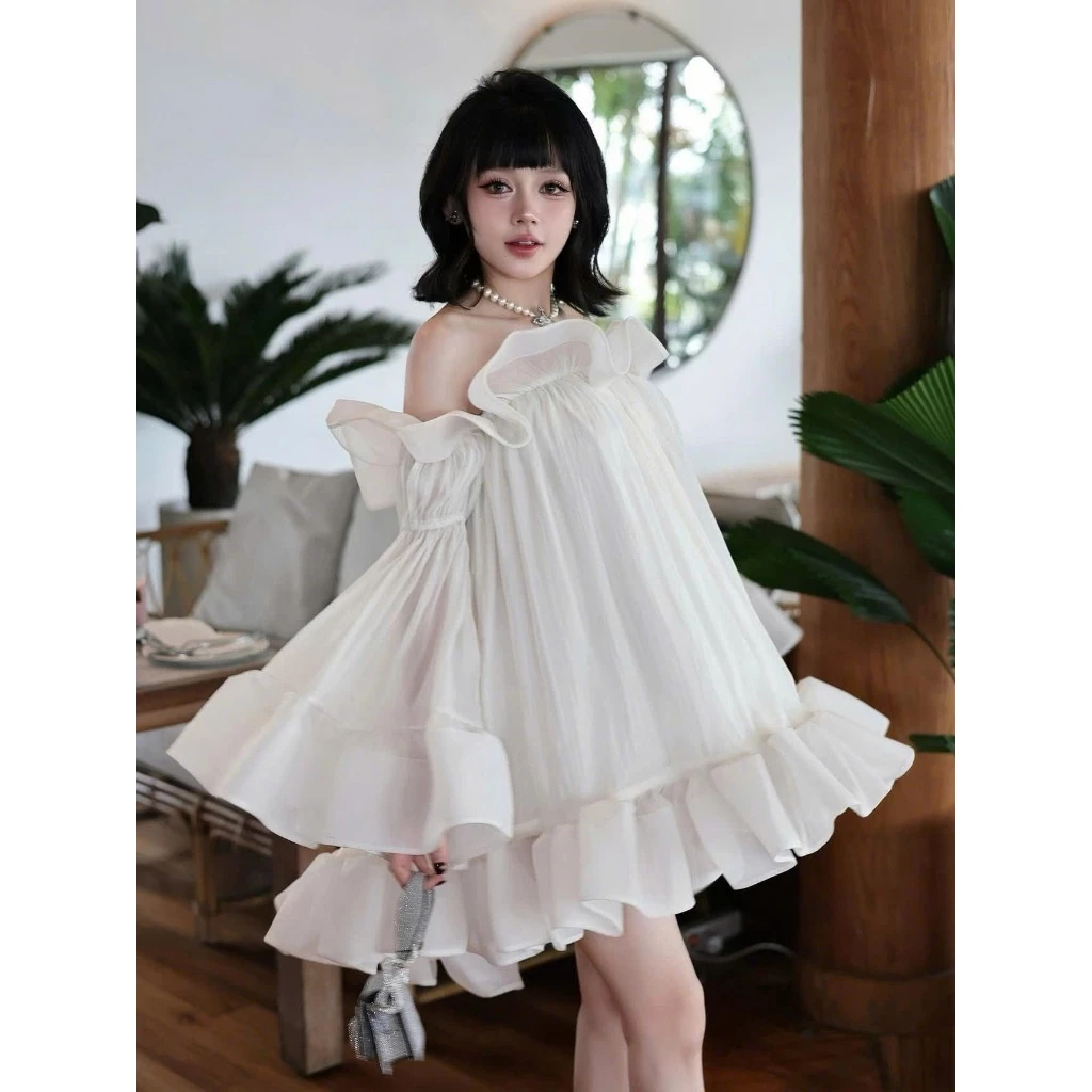 Đầm Tiểu Thư Dáng Babydoll Siêu Bồng Bềnh Màu Trắng