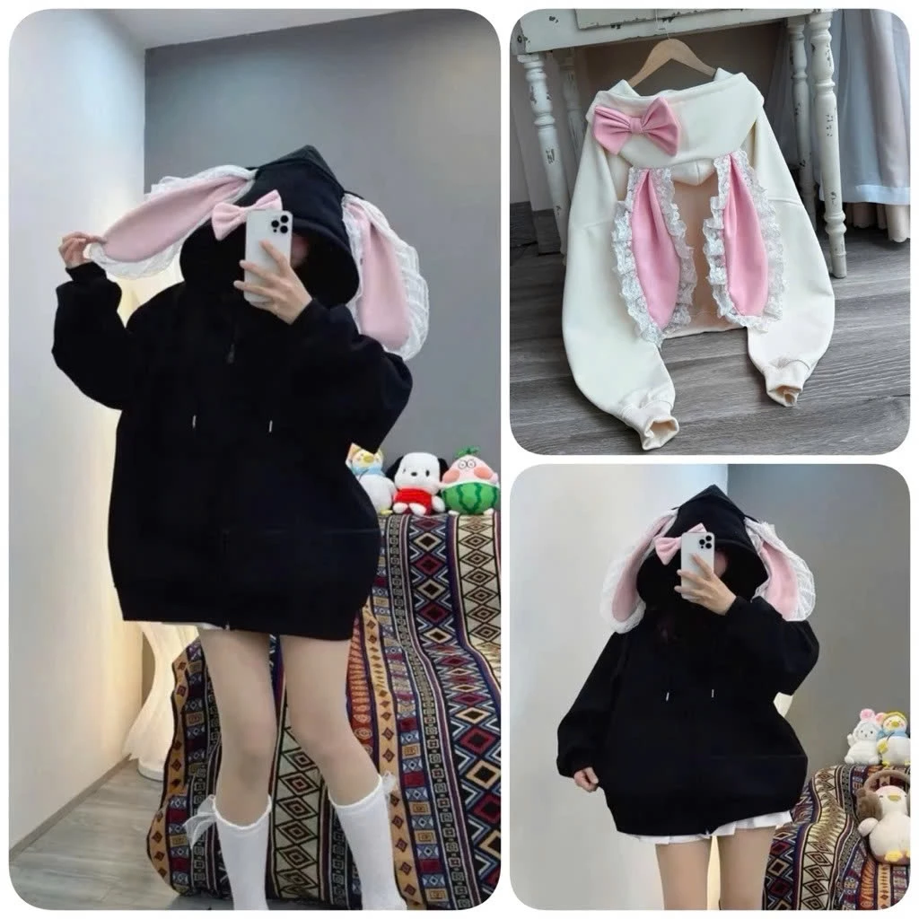 Áo khoác Tai Thỏ Hồng Siu Cute Kèm Nơ Cài. Hoodie zip chất nỉ ngoại form rộng unisex