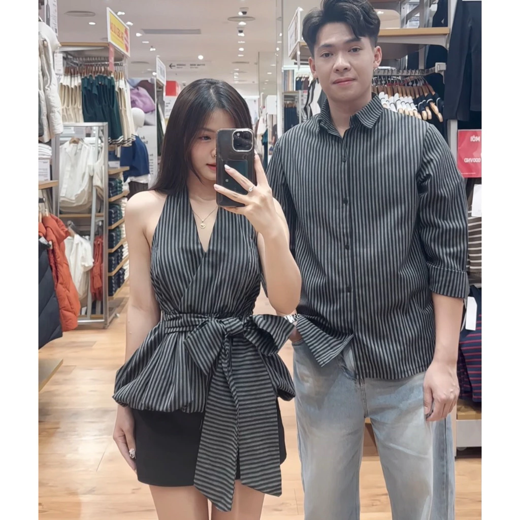 ( S - 70 ) Set đồ đôi nam nữ couple áo nữ sọc cổ yếm cột nơ eo và áo sơmi nam sọc , đồ đôi mặc đi chơi với người yêu,