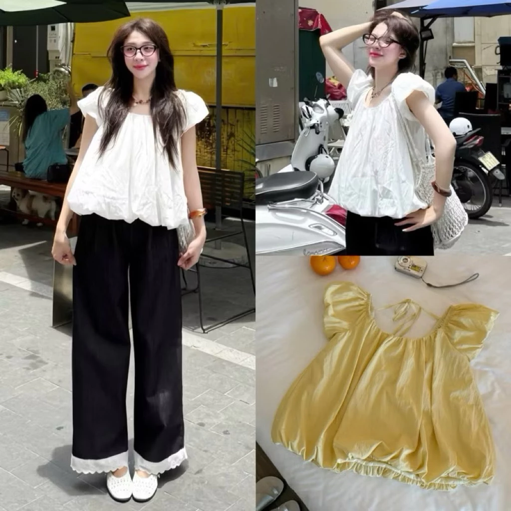 (ẢNH OLDSCHOOL) Áo bí dù tay ngắn dáng phồng cổ U thắt dây DARA TOP M3800