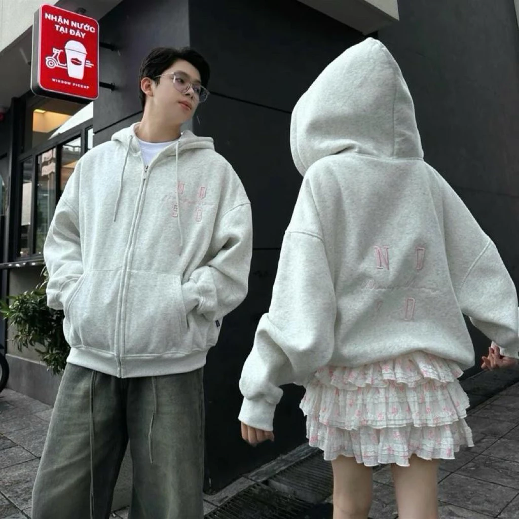 Áo khoác nỉ form rộng tay bồng hoodie zip chất nỉ tàu dày dặn thêu chữ Kí