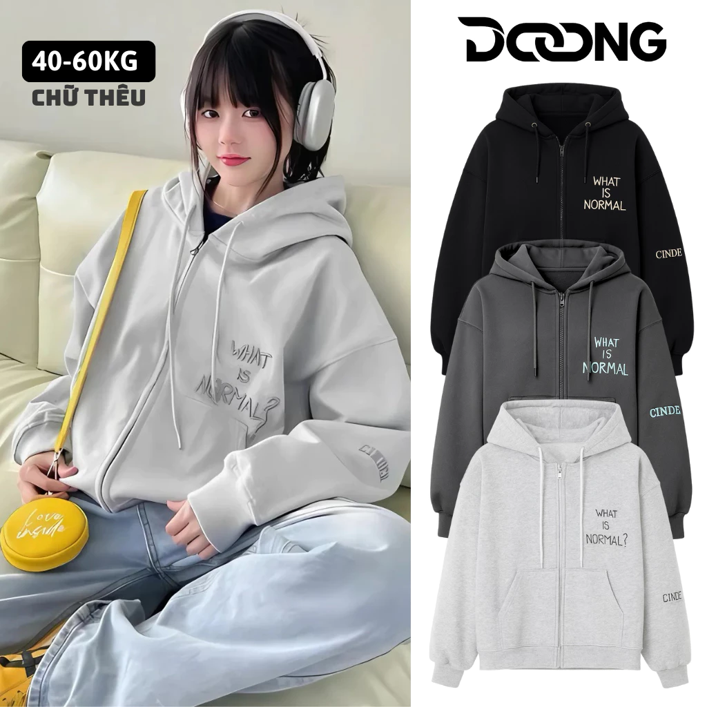 [XẢ HÀNG] Áo Khoác NỈ WHAT IS NORMAL Thêu Chữ Nổi Nỉ Bông Dây Kéo Zip BM154, Áo Khoác Nam Nữ Mũ 2 Lớp Form Rộng DOONG